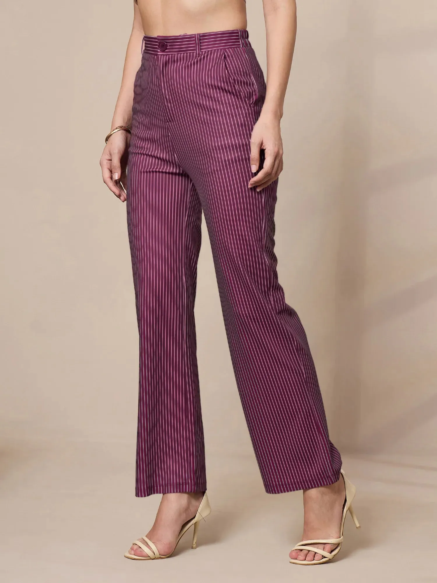 Women Maroon Striped Straight Fit Trousers-SFPANT50902