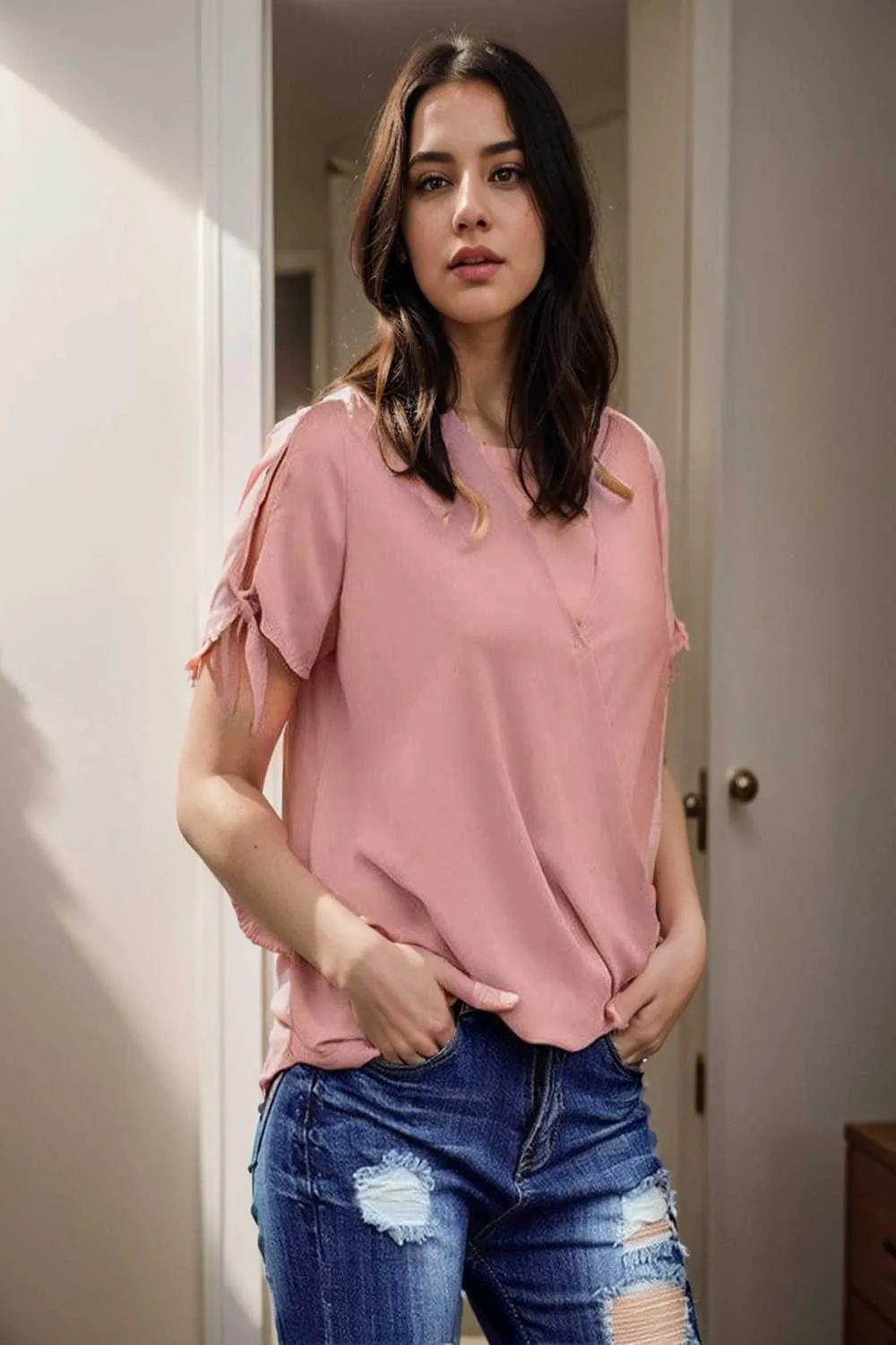 women s blouses loose solid belted long sleeve blouse