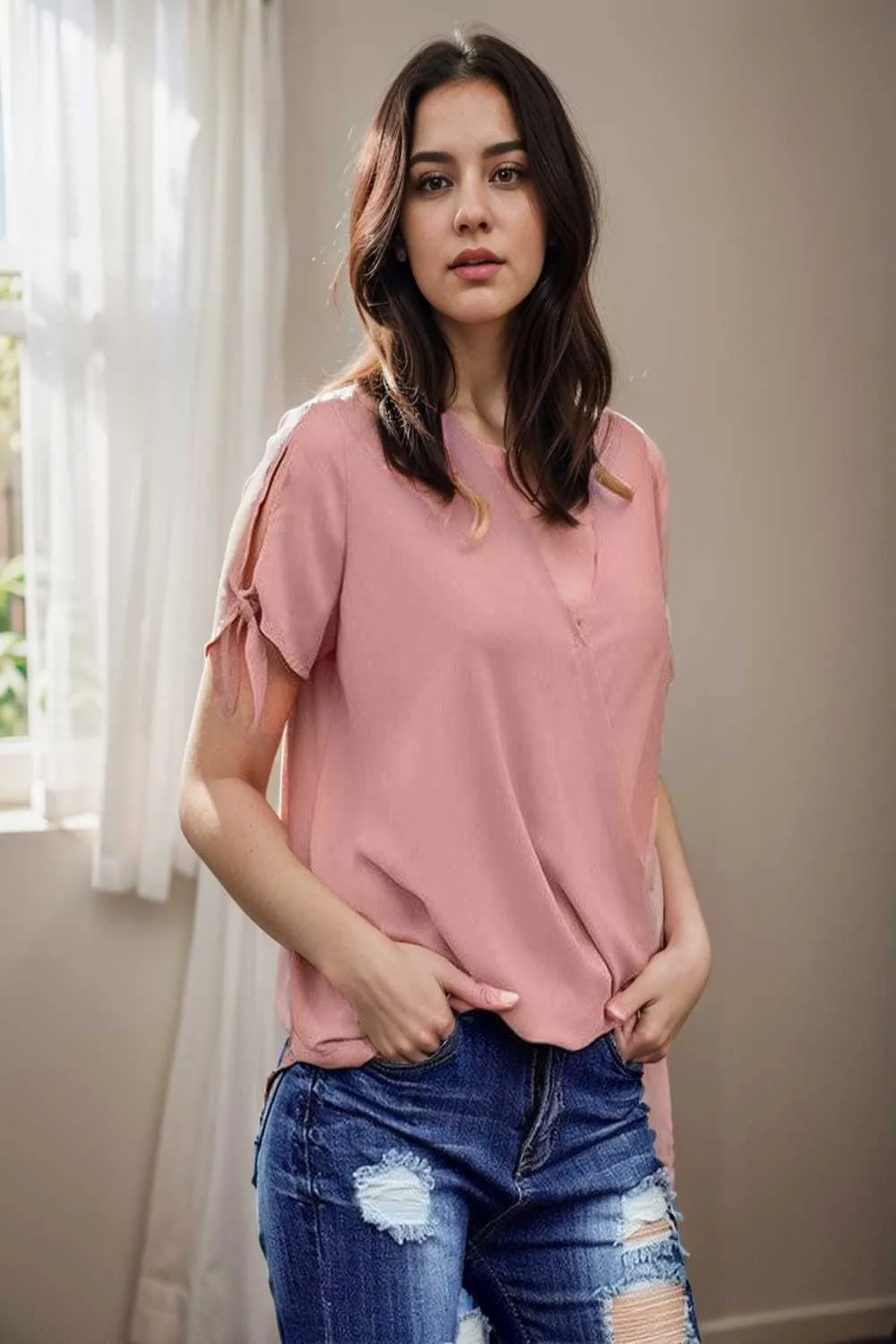 women s blouses loose solid belted long sleeve blouse