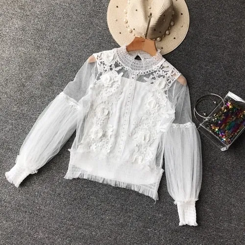 Women Tops Sheer Lace Blouse Lantern Sleeve 3D Floral Blouses Shirts Elegant Top