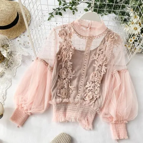 Women Tops Sheer Lace Blouse Lantern Sleeve 3D Floral Blouses Shirts Elegant Top