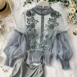 Women Tops Sheer Lace Blouse Lantern Sleeve 3D Floral Blouses Shirts Elegant Top