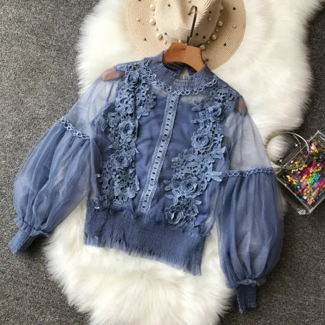 Women Tops Sheer Lace Blouse Lantern Sleeve 3D Floral Blouses Shirts Elegant Top