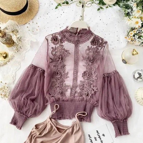 Women Tops Sheer Lace Blouse Lantern Sleeve 3D Floral Blouses Shirts Elegant Top