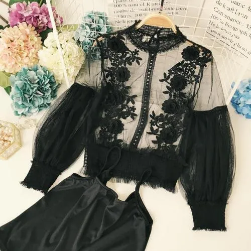 Women Tops Sheer Lace Blouse Lantern Sleeve 3D Floral Blouses Shirts Elegant Top