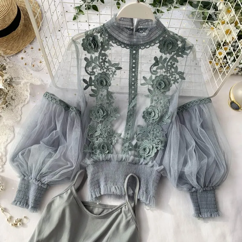 Women Tops Sheer Lace Blouse Lantern Sleeve 3D Floral Blouses Shirts Elegant Top
