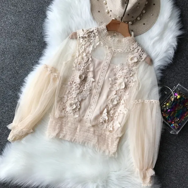 Women Tops Sheer Lace Blouse Lantern Sleeve 3D Floral Blouses Shirts Elegant Top