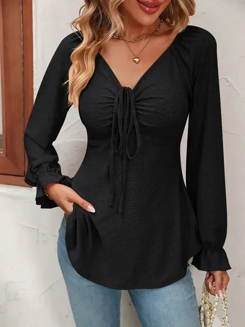 Women V Neck Ruffle Long Sleeve Clothes