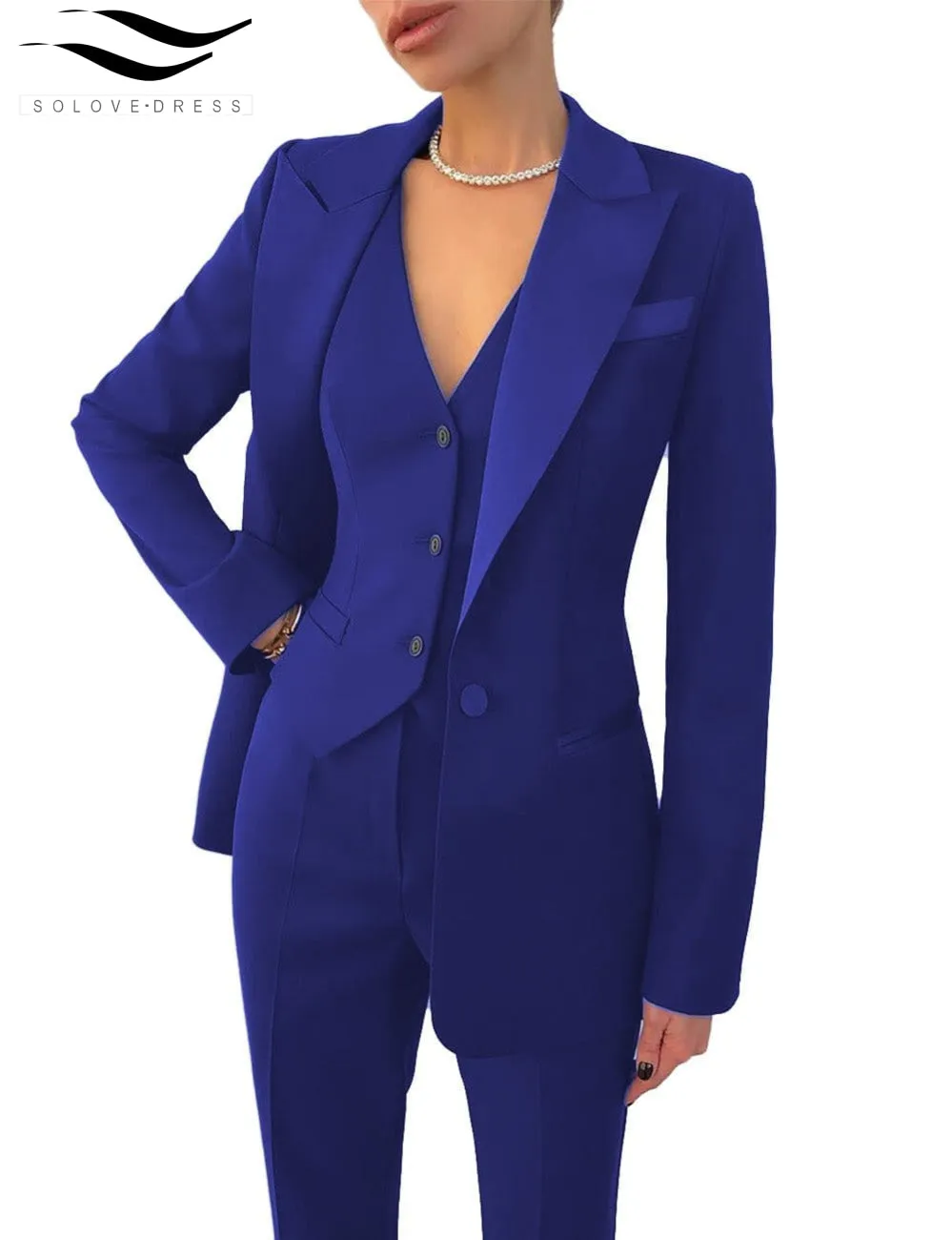 Women's Business 3 Pieces Slim Fit Solid Color Peak Lapel Suit (Blazer vest Pants)