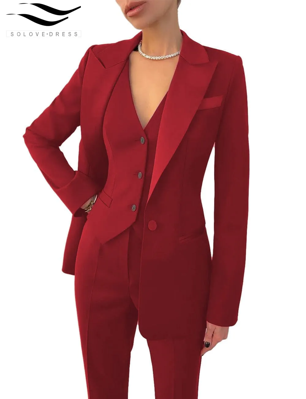 Women's Business 3 Pieces Slim Fit Solid Color Peak Lapel Suit (Blazer vest Pants)