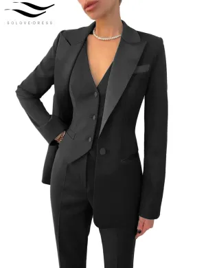 Women's Business 3 Pieces Slim Fit Solid Color Peak Lapel Suit (Blazer vest Pants)