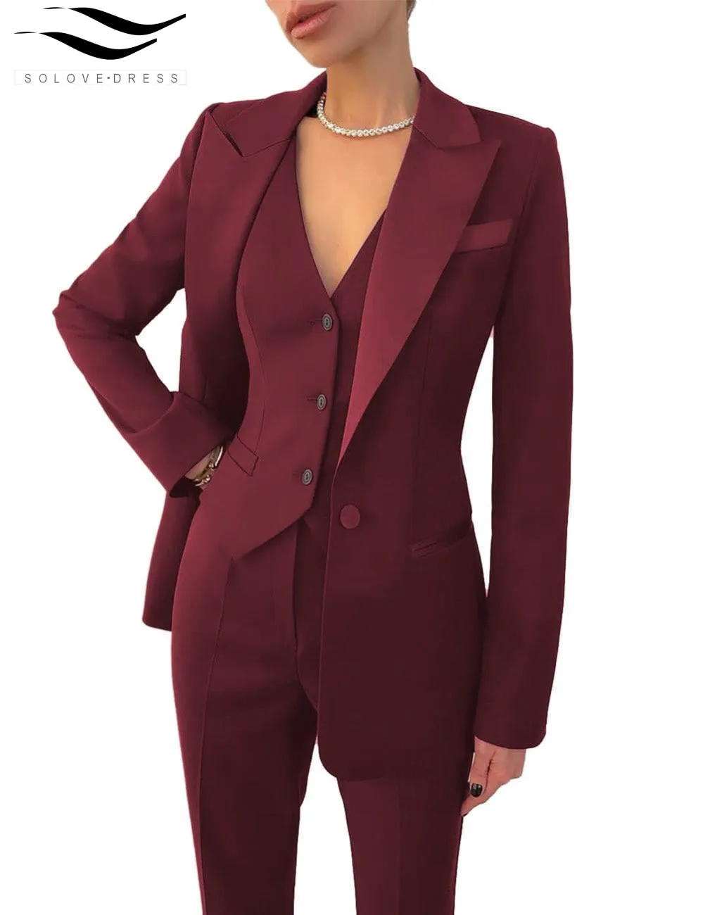 Women's Business 3 Pieces Slim Fit Solid Color Peak Lapel Suit (Blazer vest Pants)