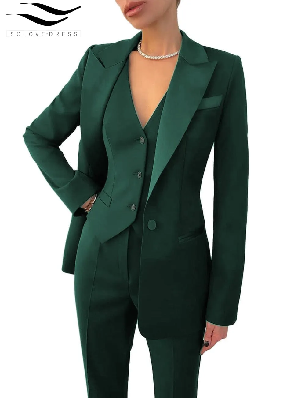 Women's Business 3 Pieces Slim Fit Solid Color Peak Lapel Suit (Blazer vest Pants)