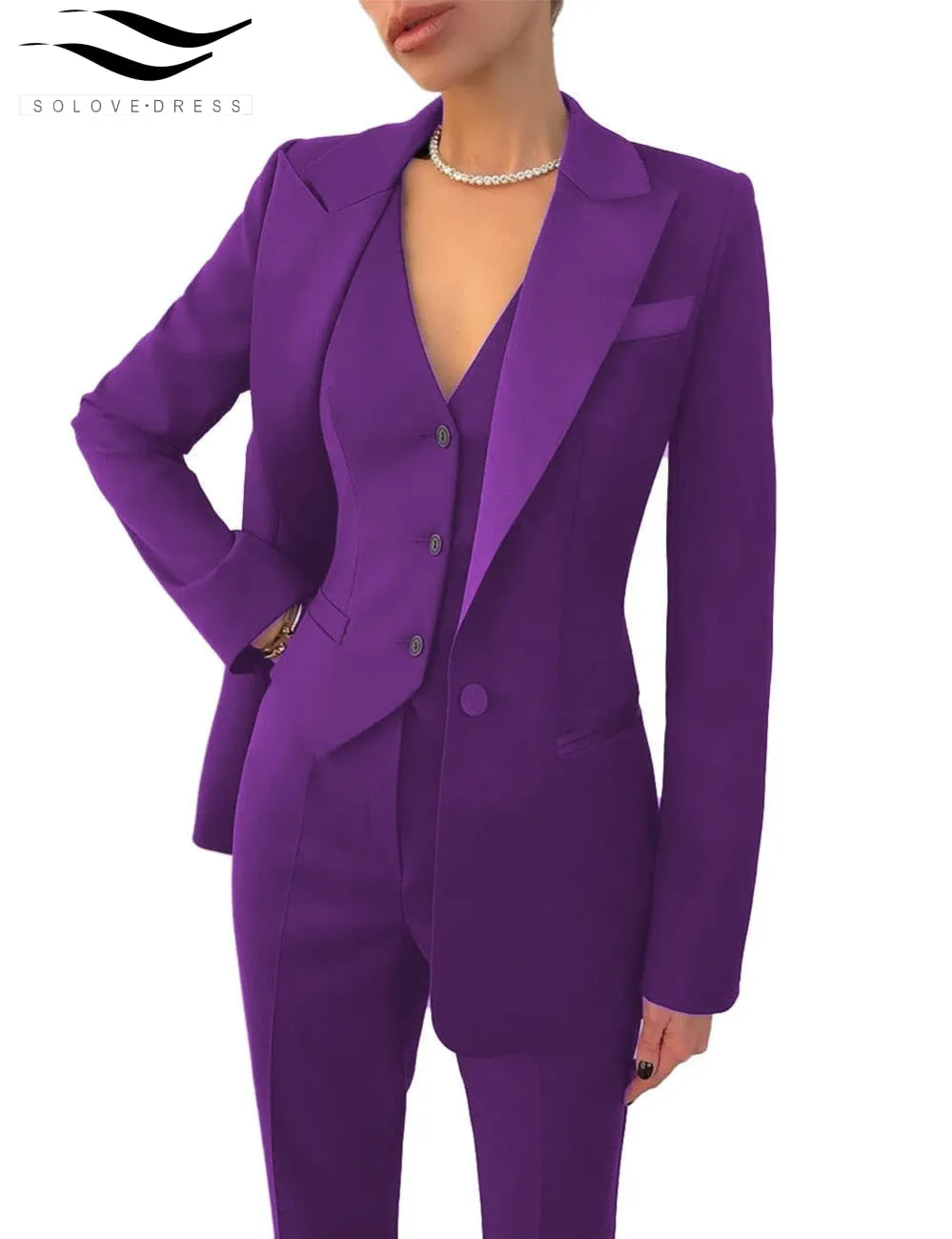 Women's Business 3 Pieces Slim Fit Solid Color Peak Lapel Suit (Blazer vest Pants)