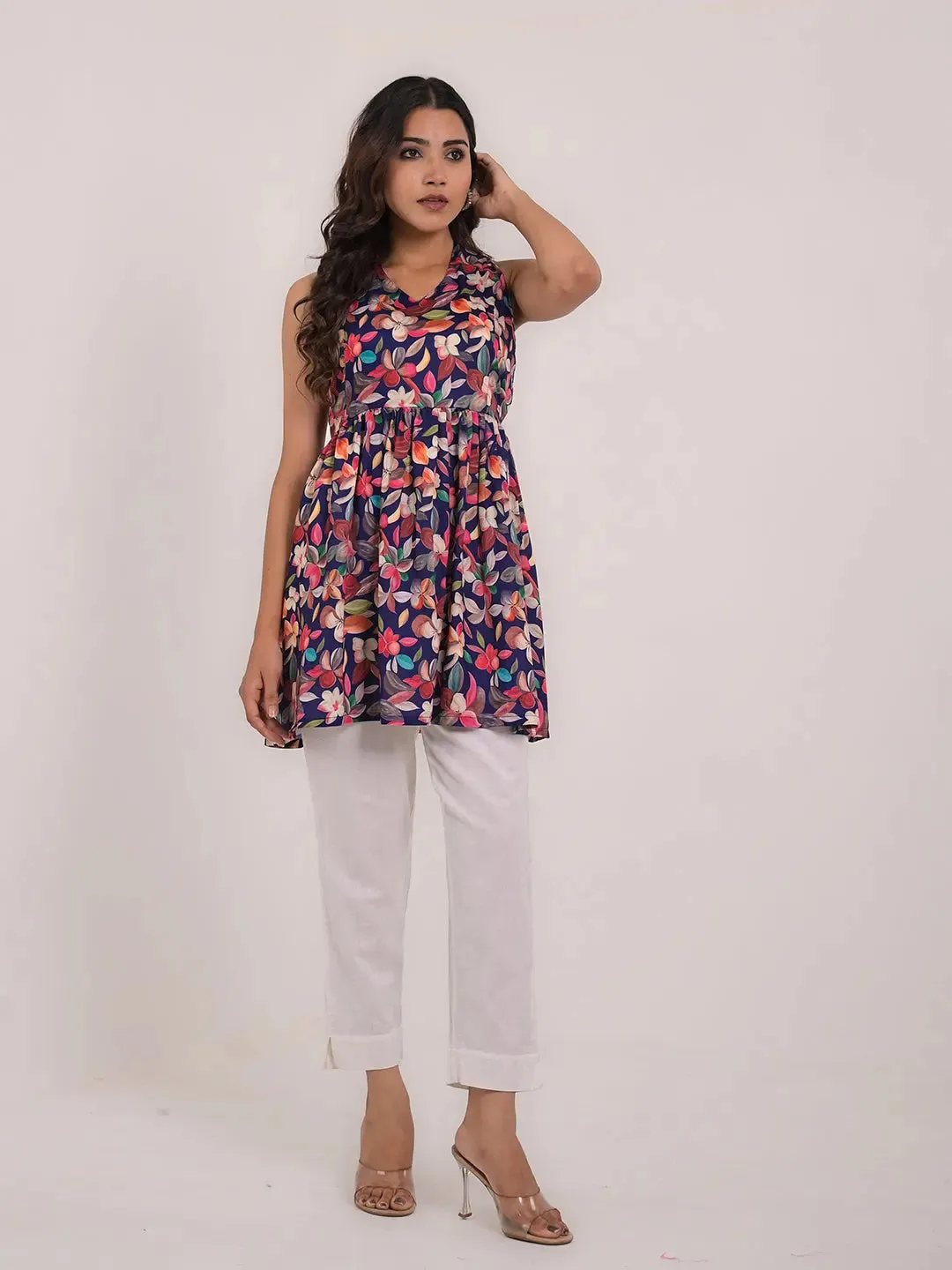 Women's Cotton Printed Sleeveless Flaired Top