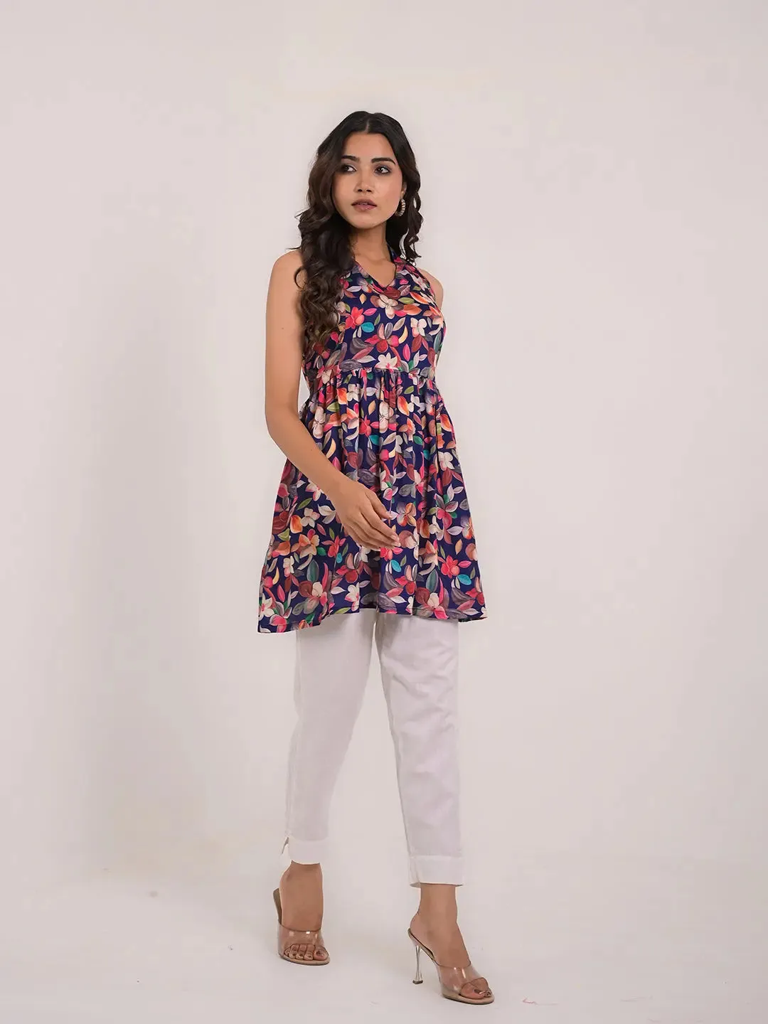 Women's Cotton Printed Sleeveless Flaired Top