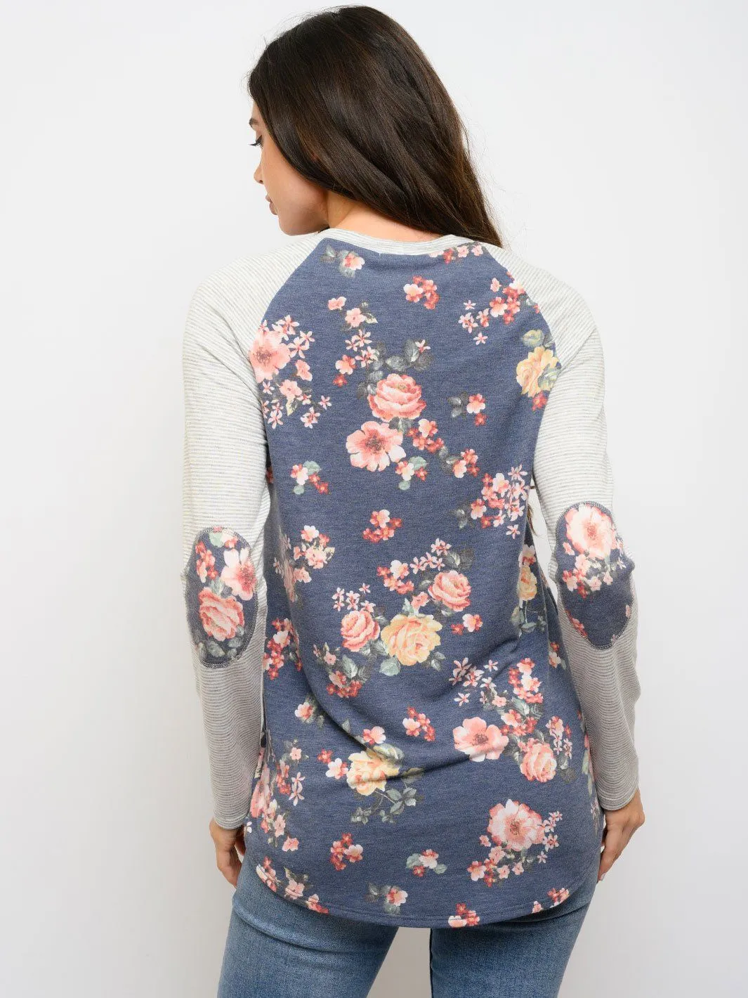 WOMEN'S FLORAL ELBOW PATCHES LONG SLEEVE STRIPES TOP