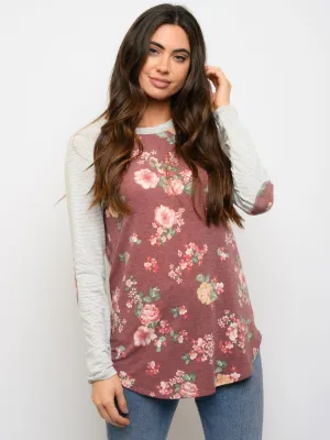 WOMEN'S FLORAL ELBOW PATCHES LONG SLEEVE STRIPES TOP