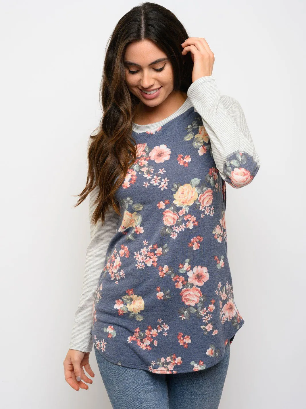 WOMEN'S FLORAL ELBOW PATCHES LONG SLEEVE STRIPES TOP