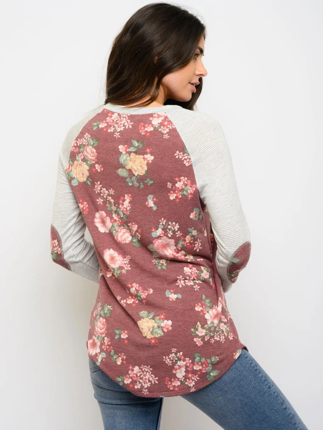 WOMEN'S FLORAL ELBOW PATCHES LONG SLEEVE STRIPES TOP