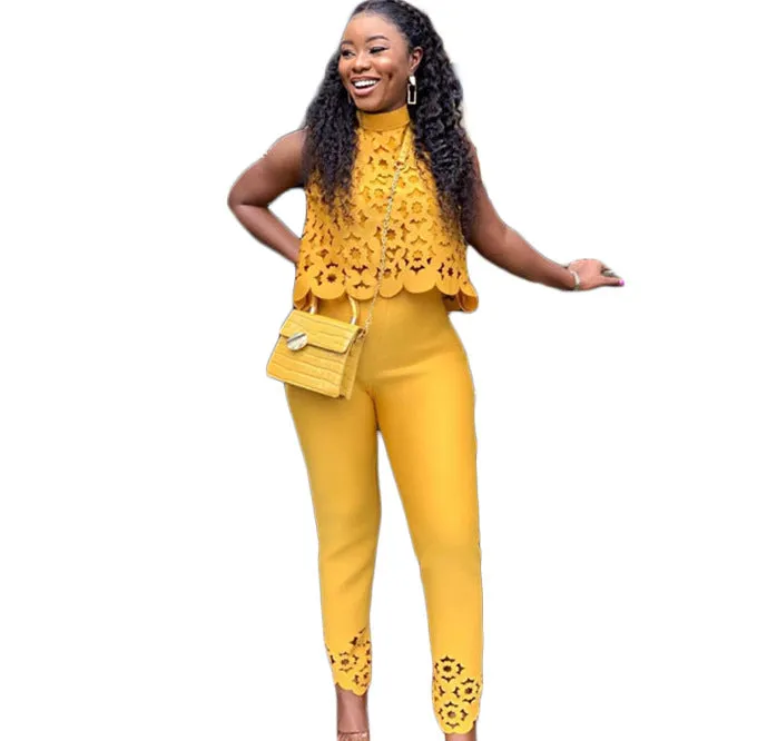Women's lacy Cropped Top with Lacy Pants Two Piece Set