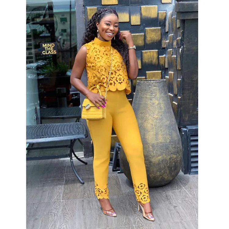 Women's lacy Cropped Top with Lacy Pants Two Piece Set