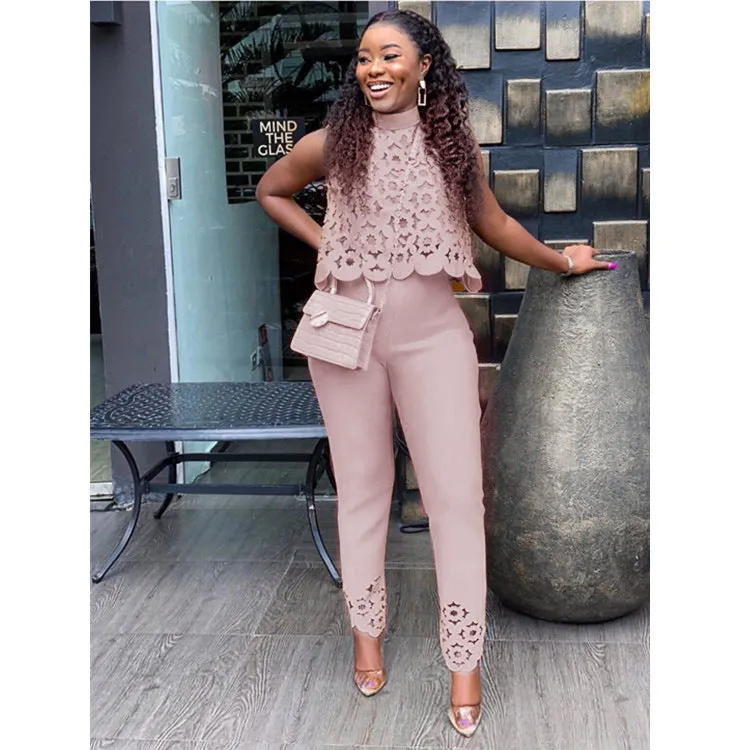 Women's lacy Cropped Top with Lacy Pants Two Piece Set