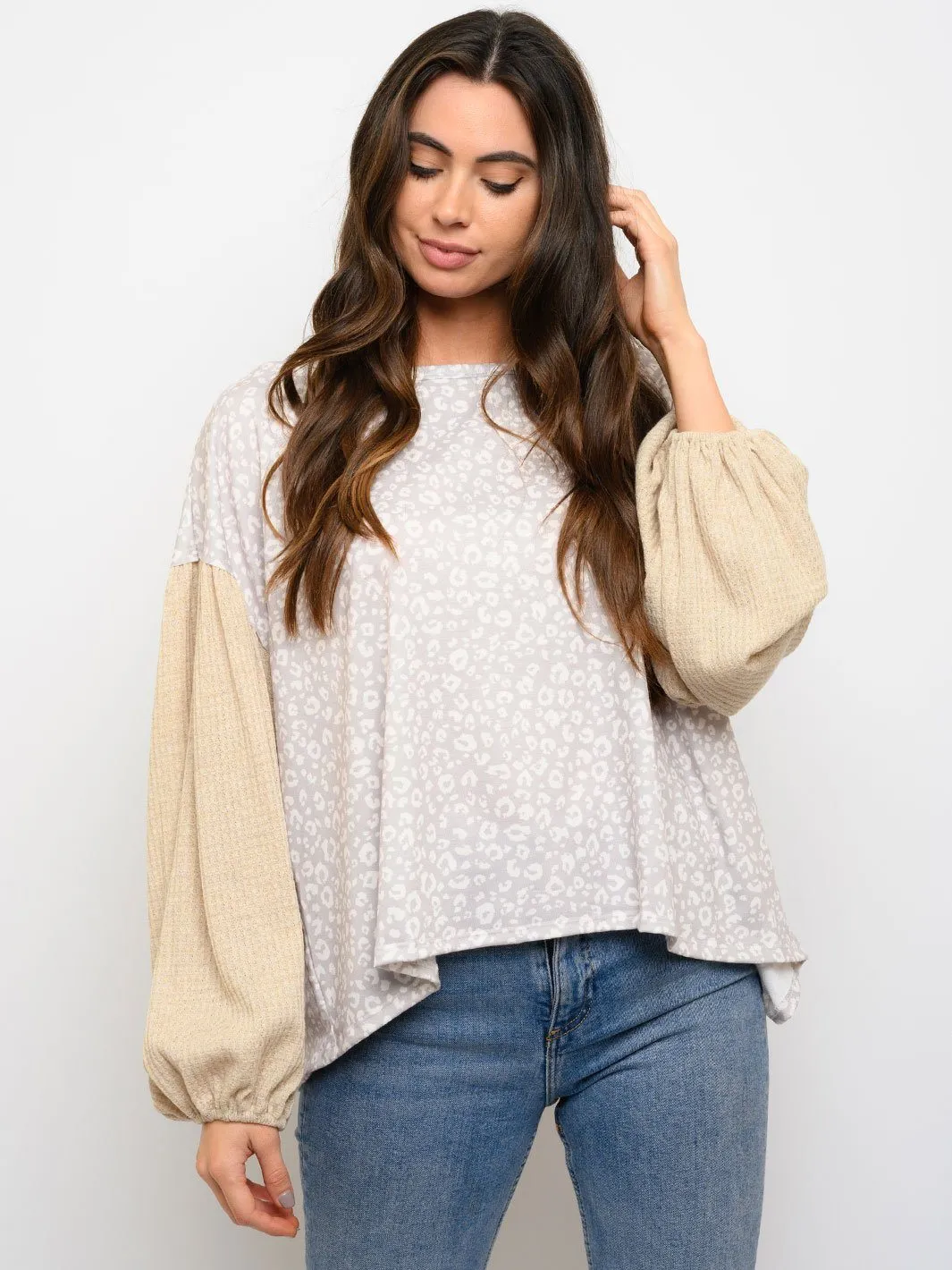WOMEN'S LONG SLEEVE ANIMAL CONTRAST PRINT TOP