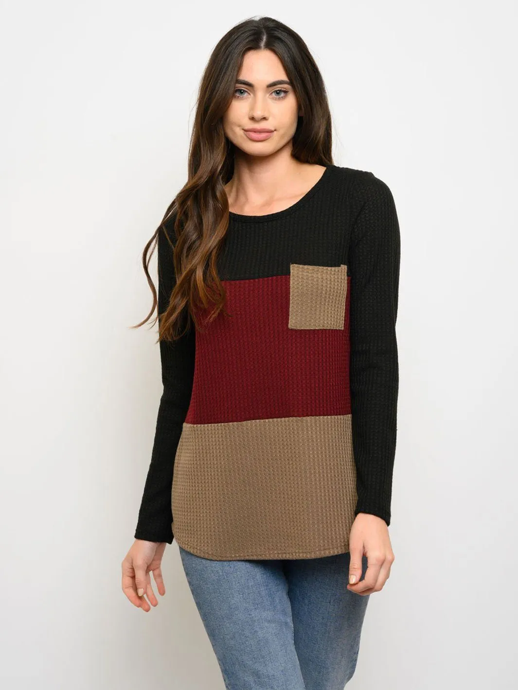 WOMEN'S LONG SLEEVE FRONT POCKET COLORBLOCK TOP