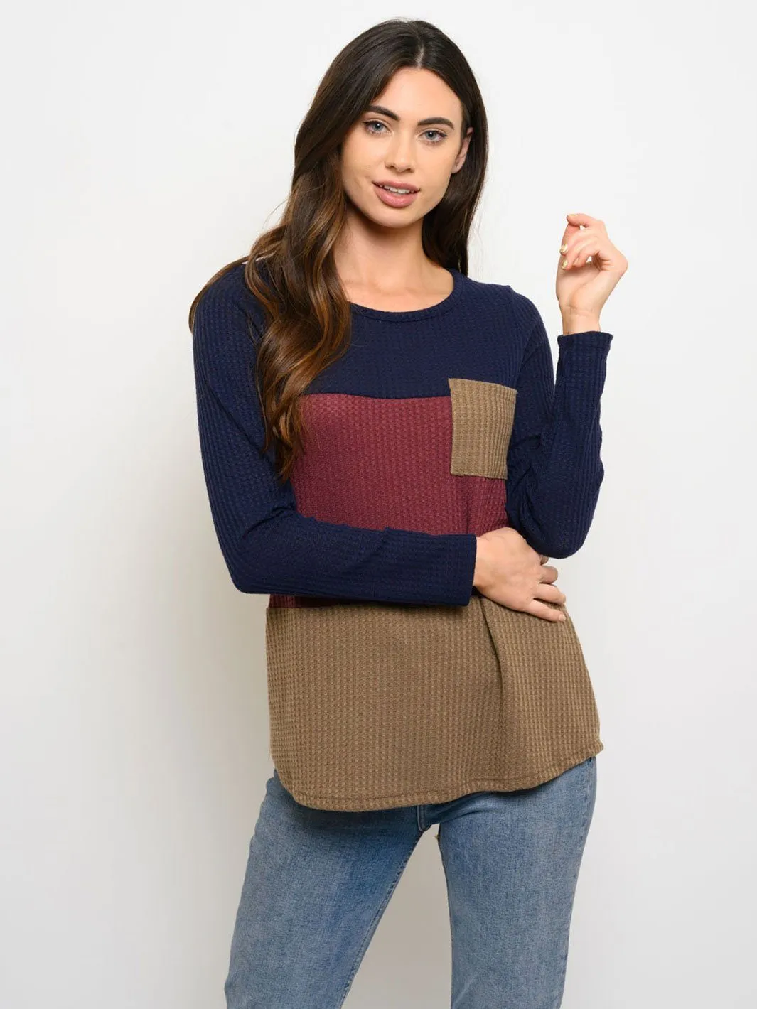 WOMEN'S LONG SLEEVE FRONT POCKET COLORBLOCK TOP