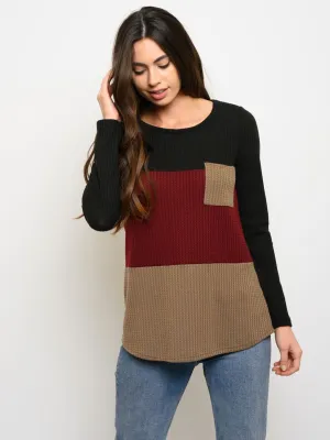 WOMEN'S LONG SLEEVE FRONT POCKET COLORBLOCK TOP