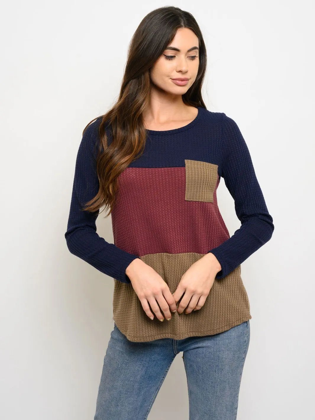 WOMEN'S LONG SLEEVE FRONT POCKET COLORBLOCK TOP