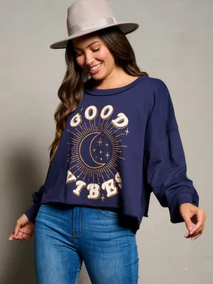 WOMEN'S LONG SLEEVE GOOD VIBES GRAPHIC BLOUSE TOP