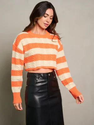 WOMEN'S LONG SLEEVE KNITTED COLORBLOCK CROP TOP
