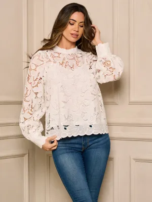 WOMEN'S LONG SLEEVE MOCK NECK EYELET DETAILED TOP