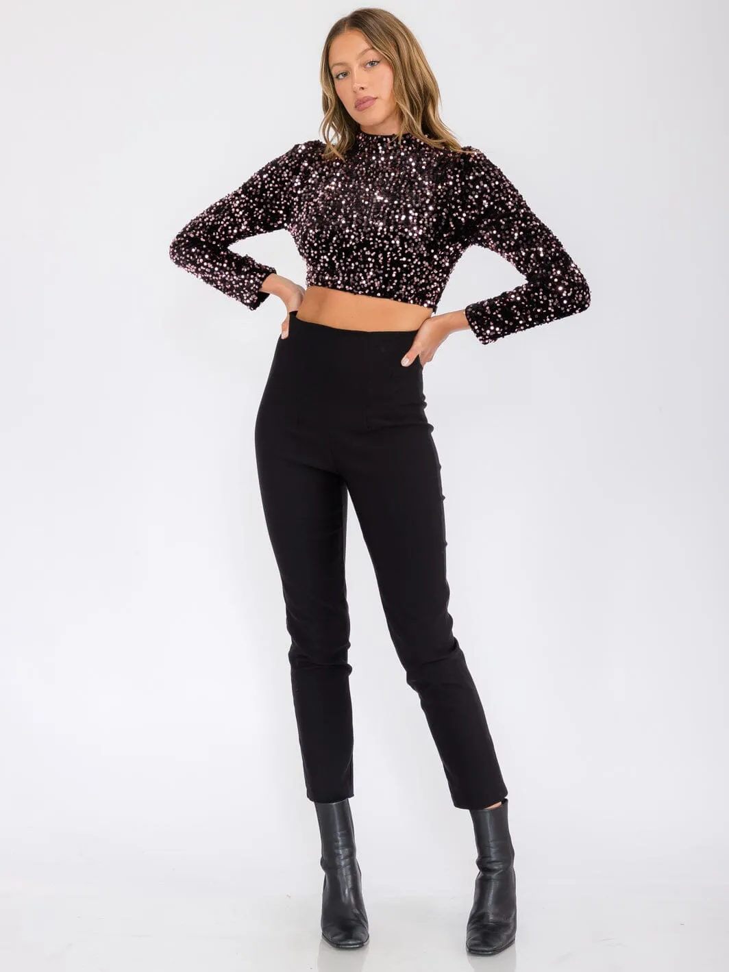 WOMEN'S LONG SLEEVE MOCK NECK SEQUINS CROP TOP
