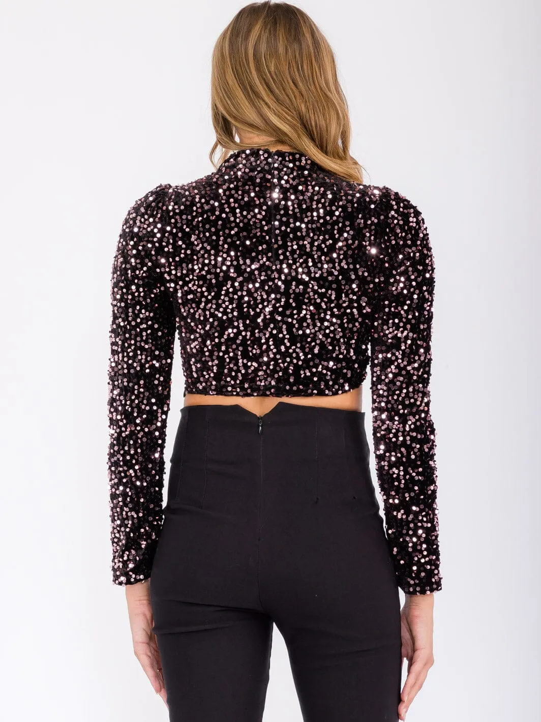 WOMEN'S LONG SLEEVE MOCK NECK SEQUINS CROP TOP