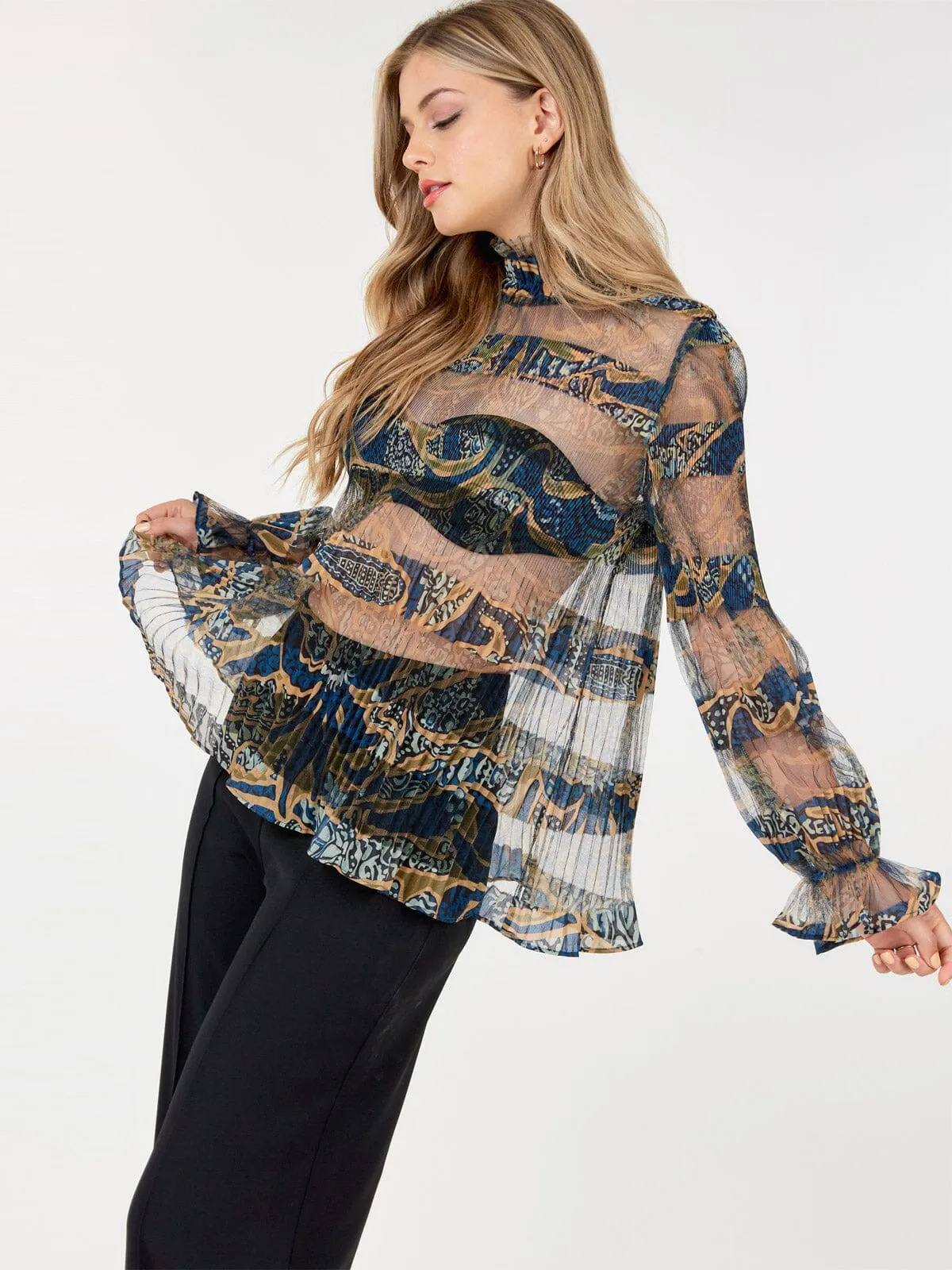 WOMEN'S LONG SLEEVE MOCK NECK TIERED MULTI PRINT MESH TOP