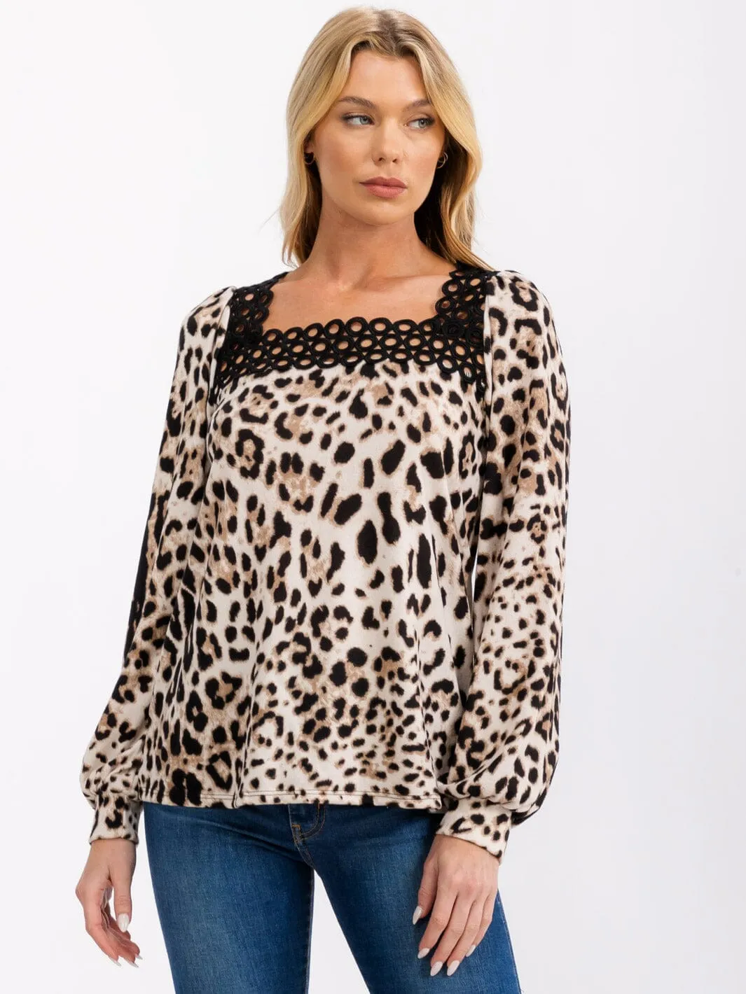WOMEN'S LONG SLEEVE SQUARE NECK DETAILED ANIMAL PRINT BLOUSE TOP