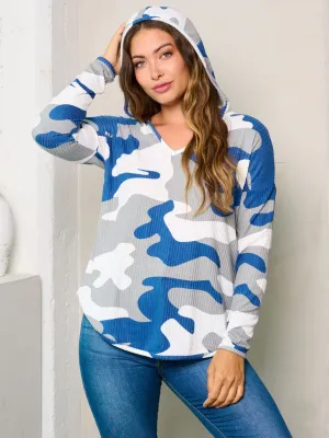WOMEN'S LONG SLEEVE V-NECK HOODED CAMO PRINT TOP