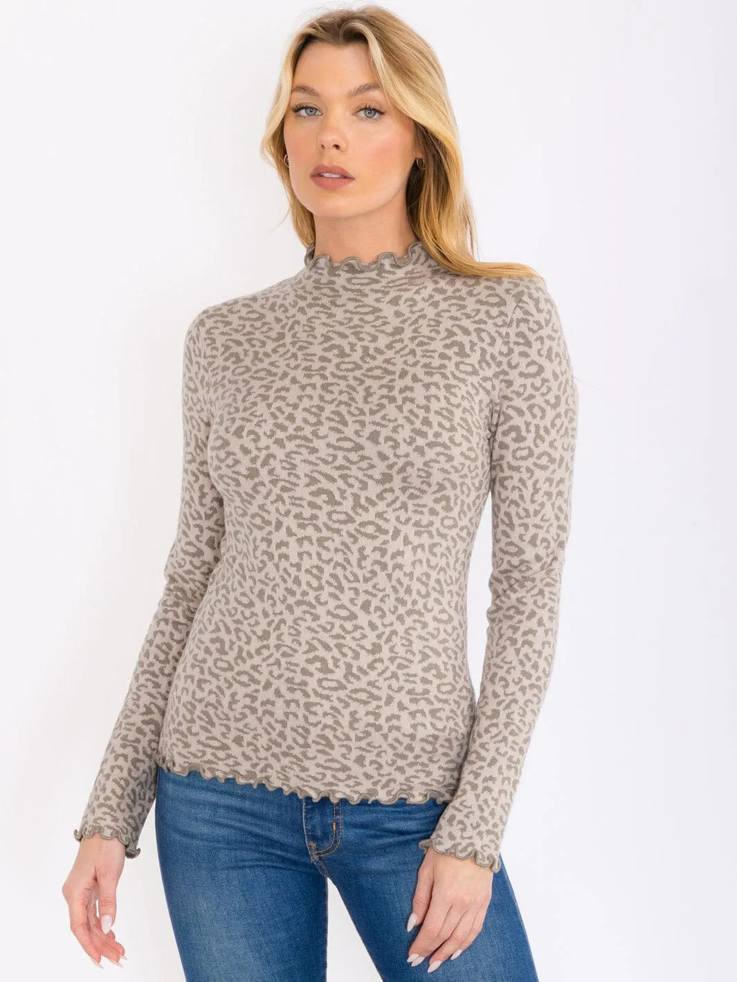 WOMEN'S LONG SLEEVES MOCK NECK ANIMAL PRINT TOP