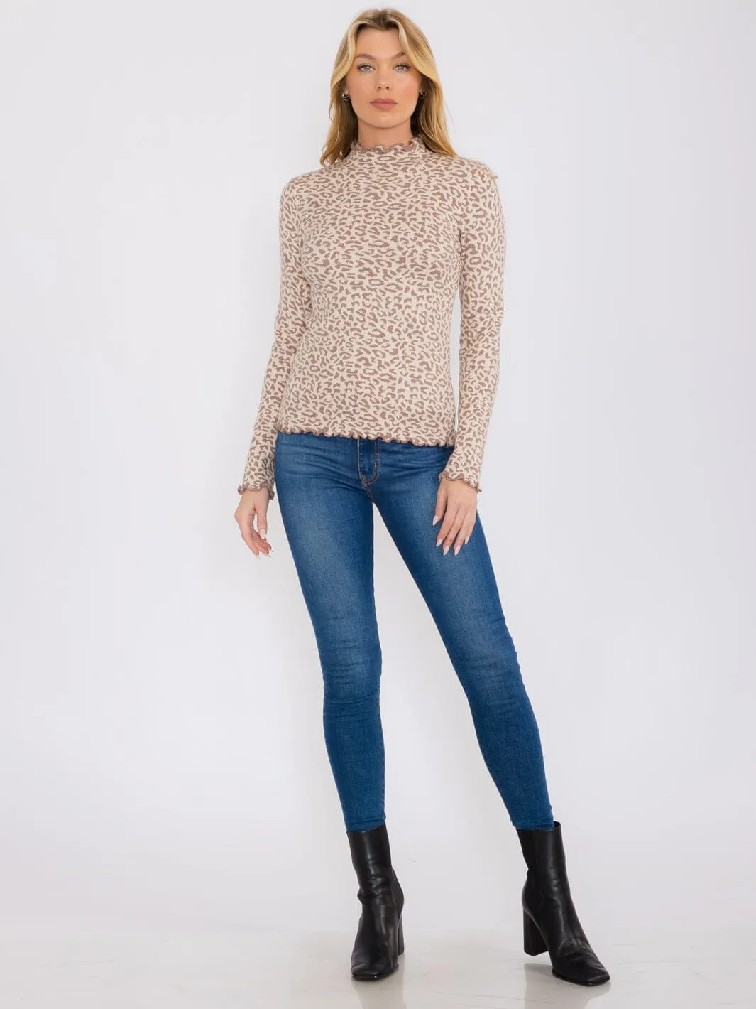 WOMEN'S LONG SLEEVES MOCK NECK ANIMAL PRINT TOP