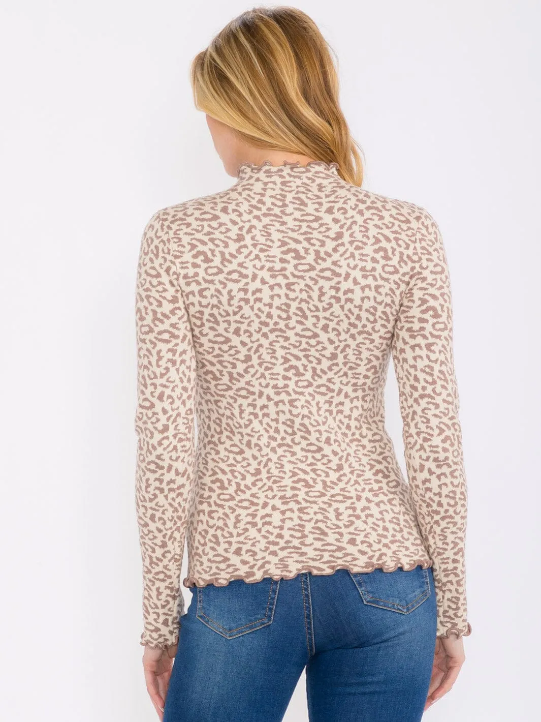 WOMEN'S LONG SLEEVES MOCK NECK ANIMAL PRINT TOP
