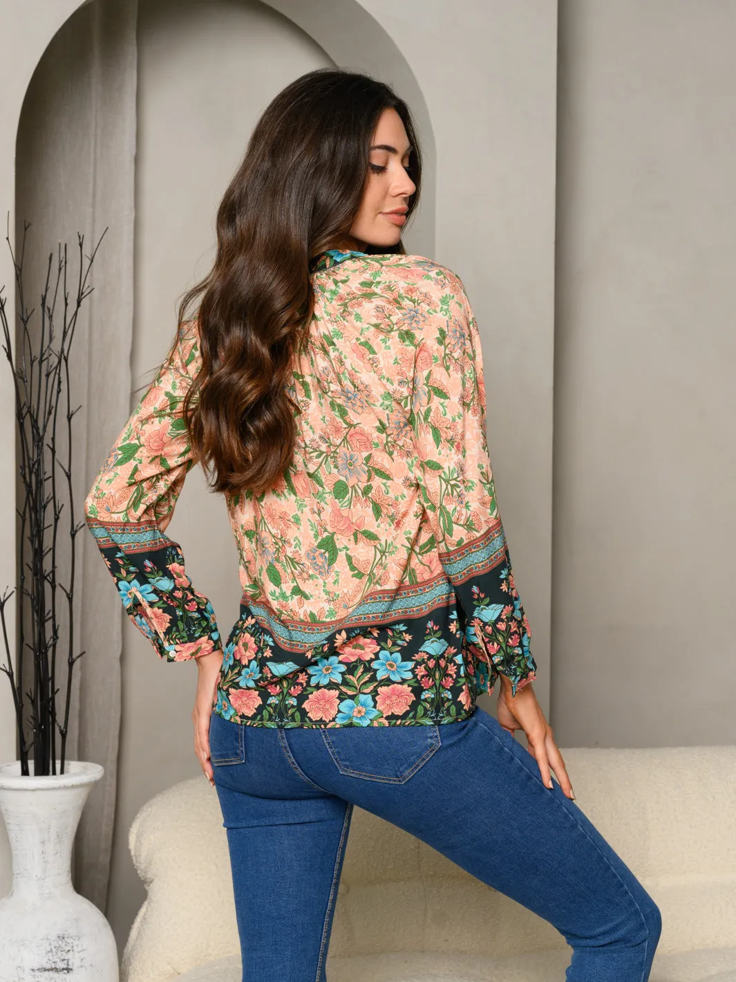 WOMEN'S MULTI PRINT LONG SLEEVE V-NECK TOP