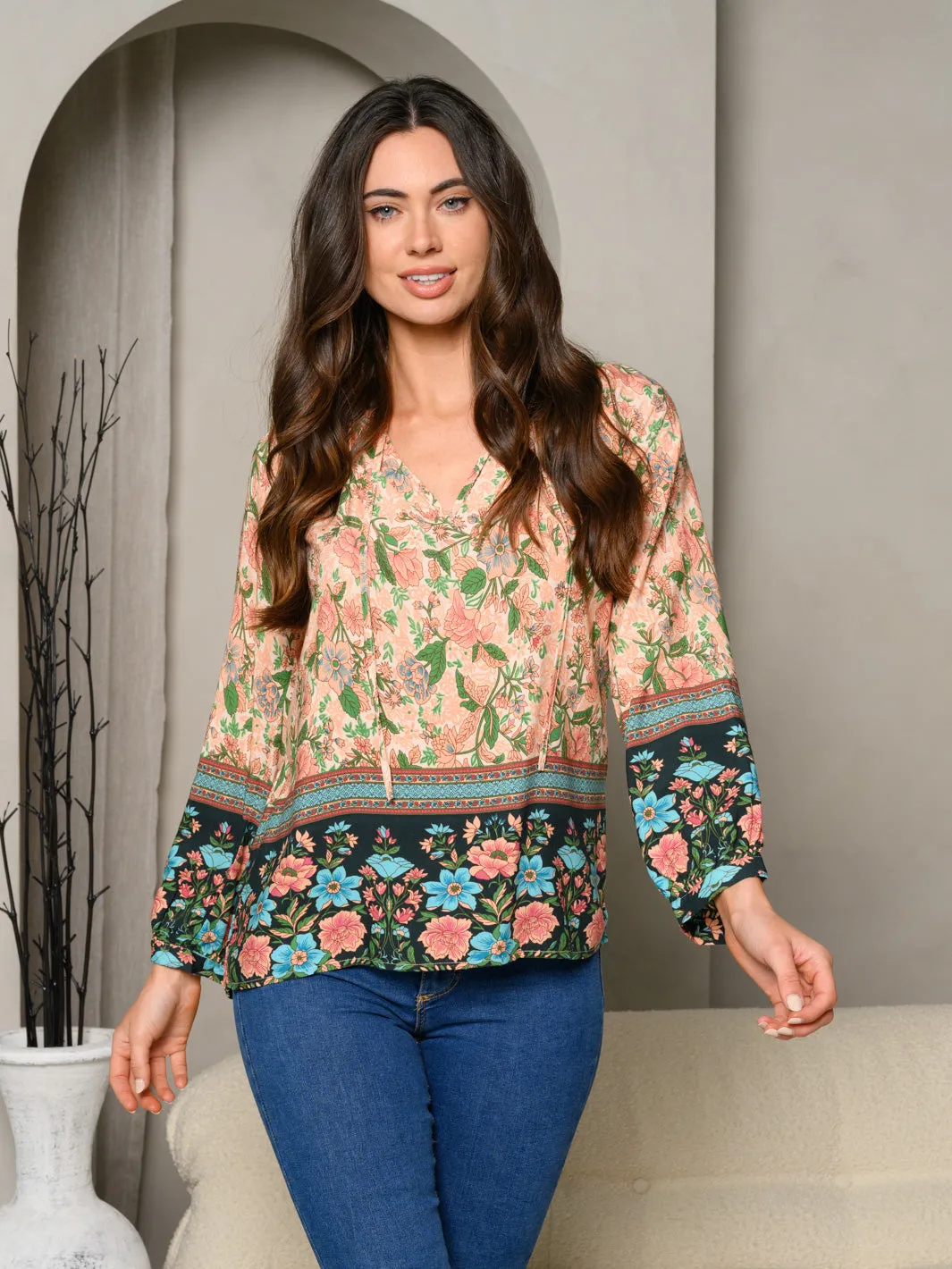 WOMEN'S MULTI PRINT LONG SLEEVE V-NECK TOP