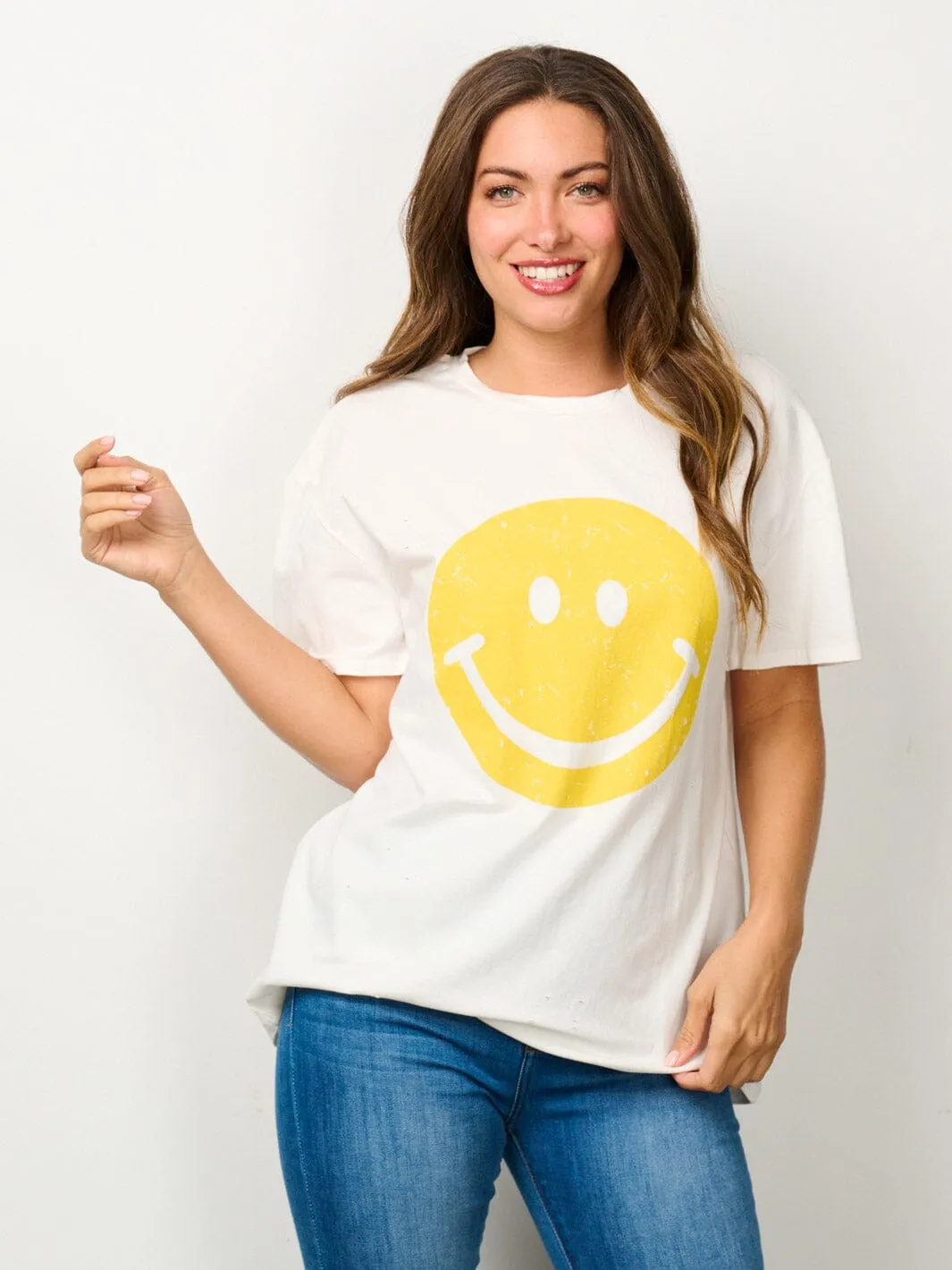 WOMEN'S SHORT SLEEVE GRAPHIC DISTRESSED TOP
