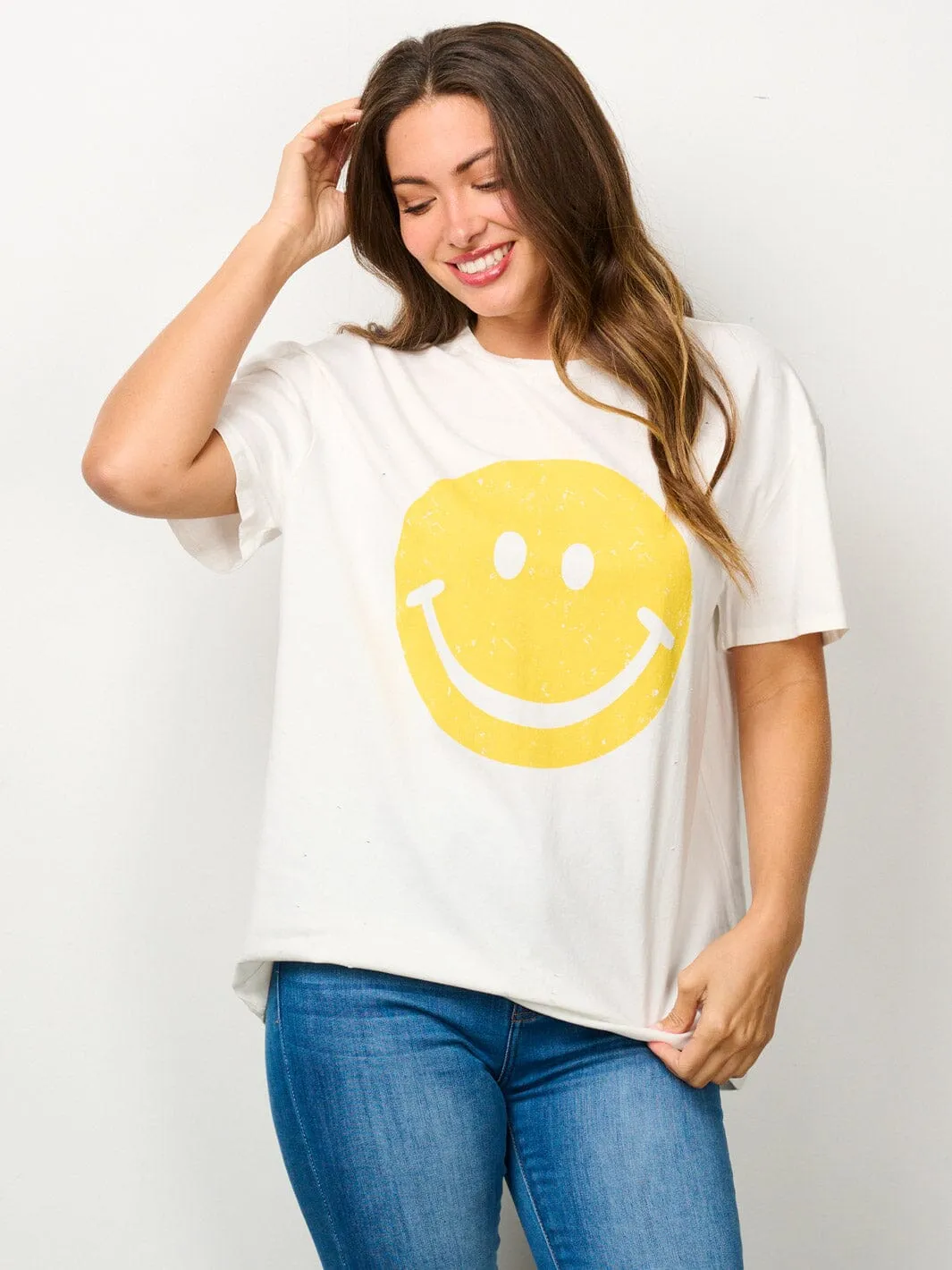WOMEN'S SHORT SLEEVE GRAPHIC DISTRESSED TOP