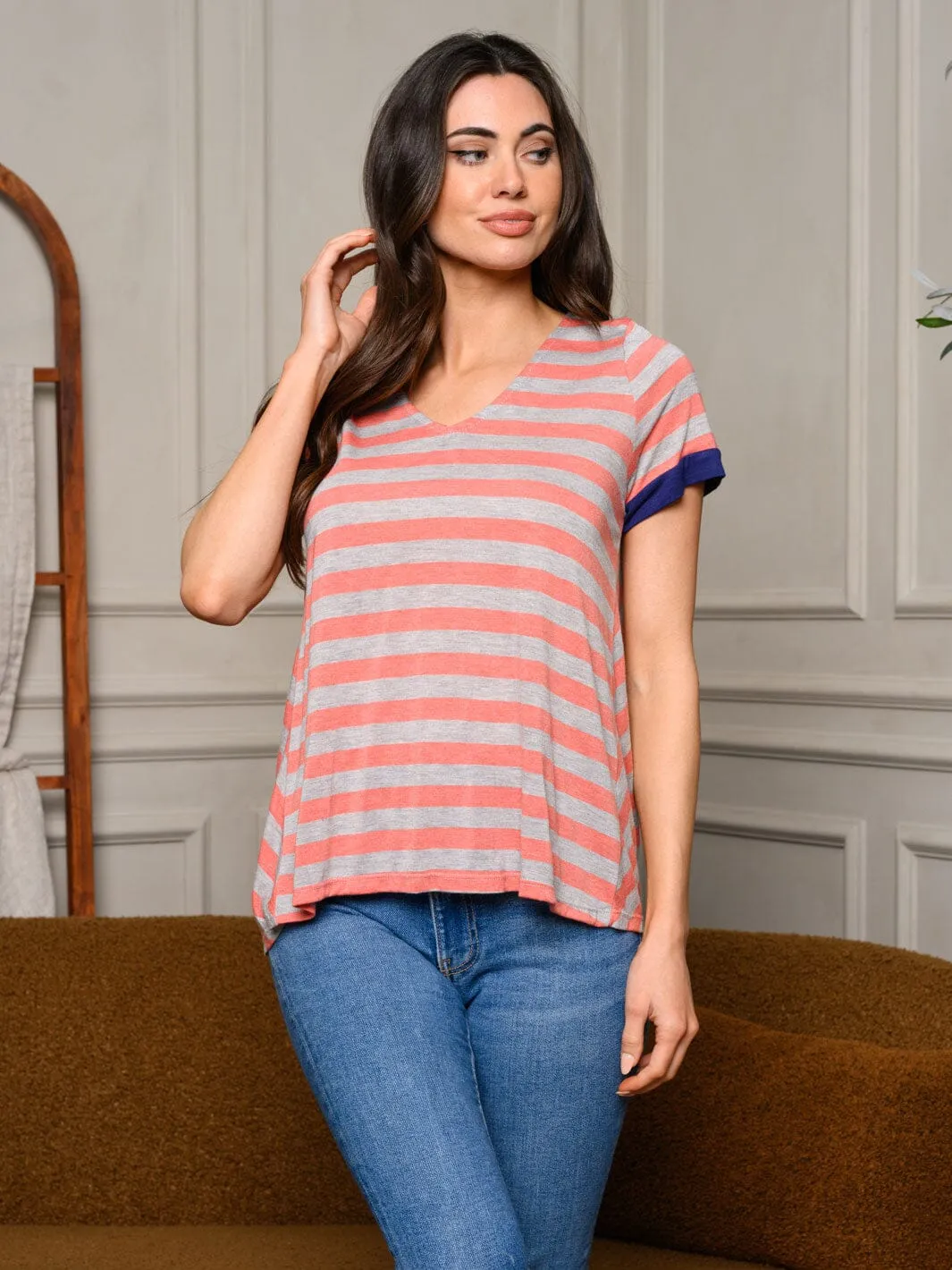 WOMEN'S SHORT SLEEVE STRIPES BACK DETAILED TOP
