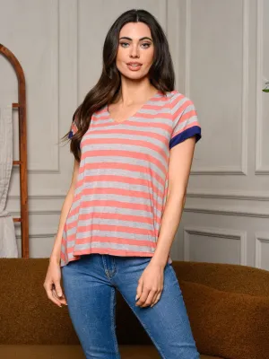 WOMEN'S SHORT SLEEVE STRIPES BACK DETAILED TOP