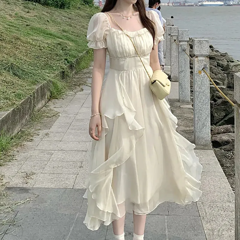 Women's Summer Dress Chiffon Fairy Chic Party Y2K Midi Dress Elegant Slim Irregular Dress